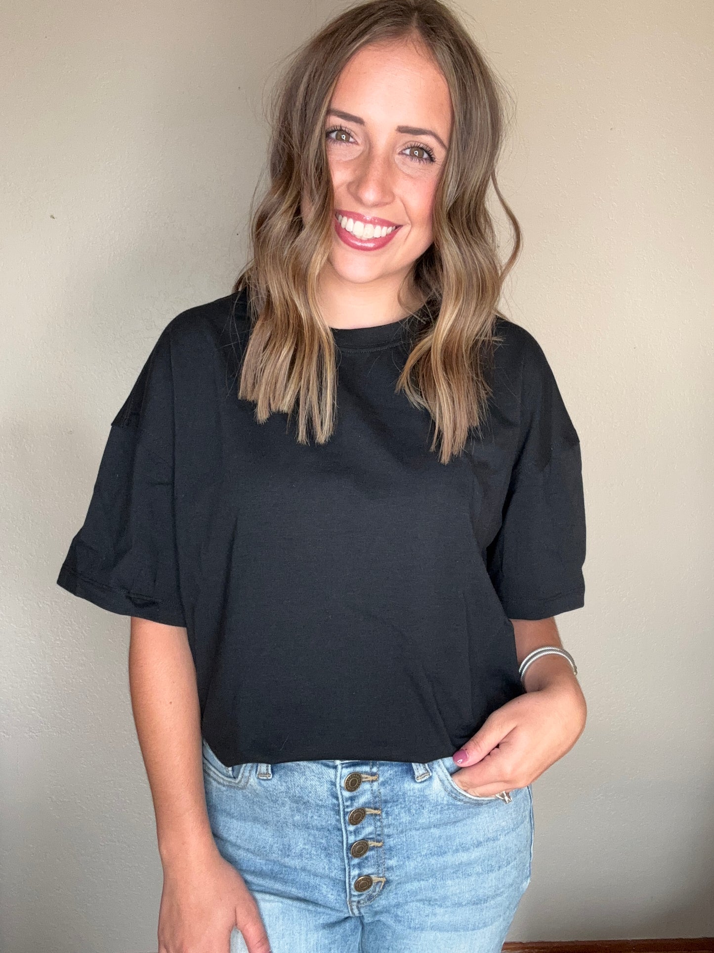 Basic Black Tee with Raw Patchwork