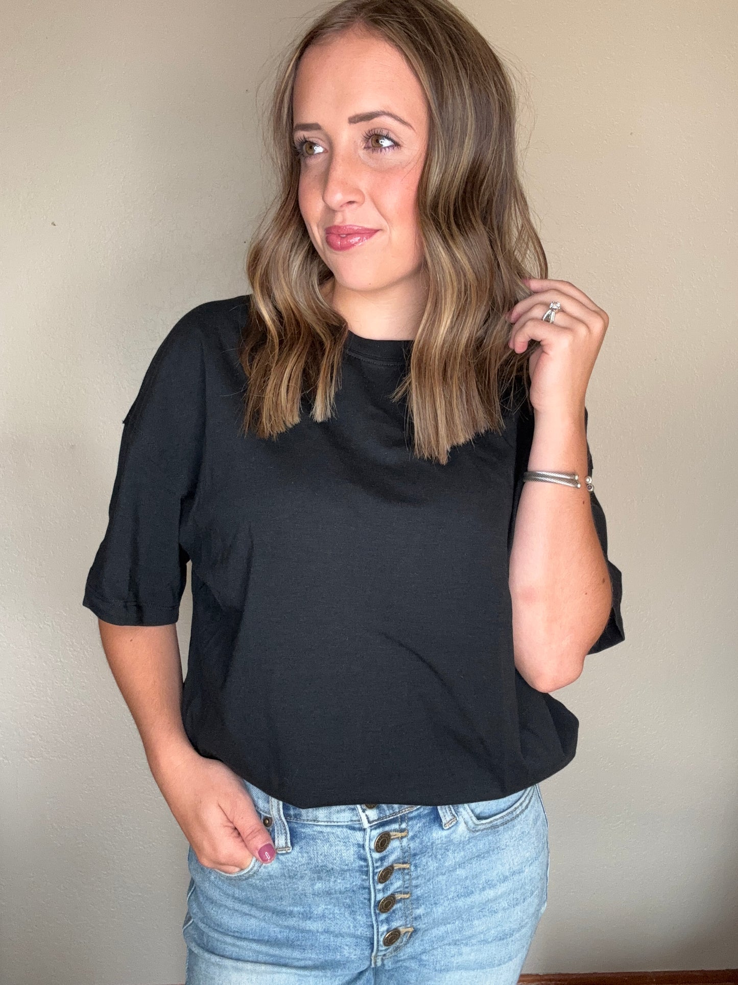 Basic Black Tee with Raw Patchwork
